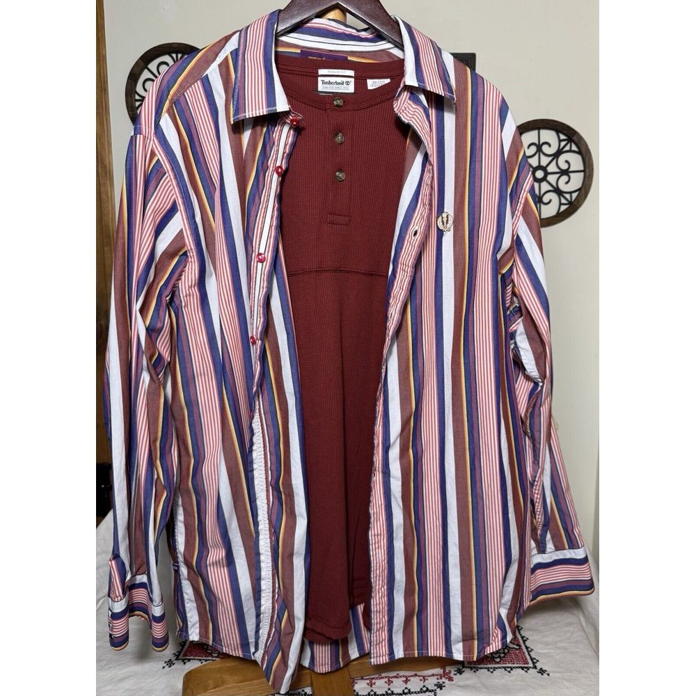 Y2K‎ RocaWear Button Down Striped Shirt & Timberland Thermal Long Sleeve Set XXL
